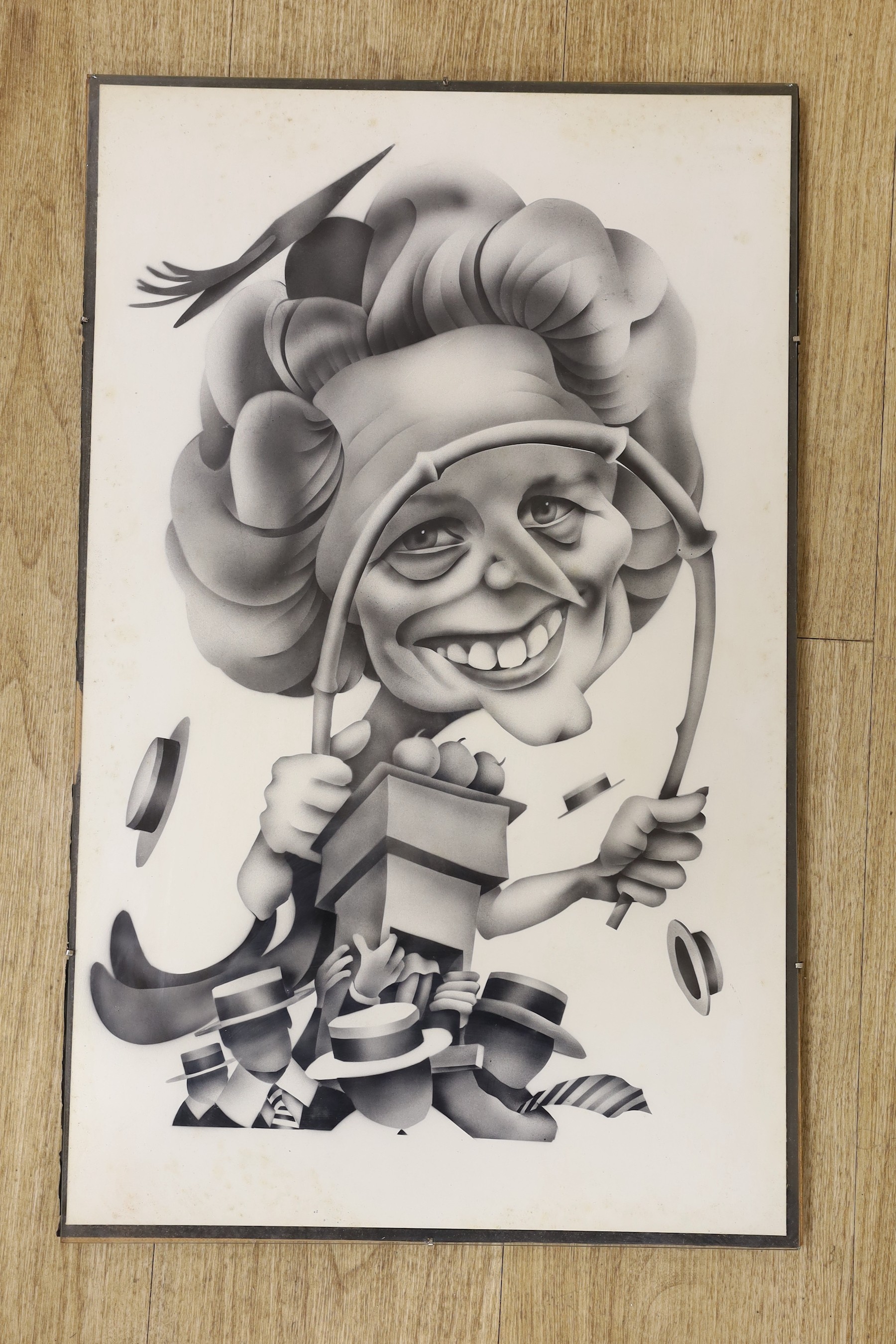 Modern British, monochrome print, Caricature of Margaret Thatcher, 60 x 37cm